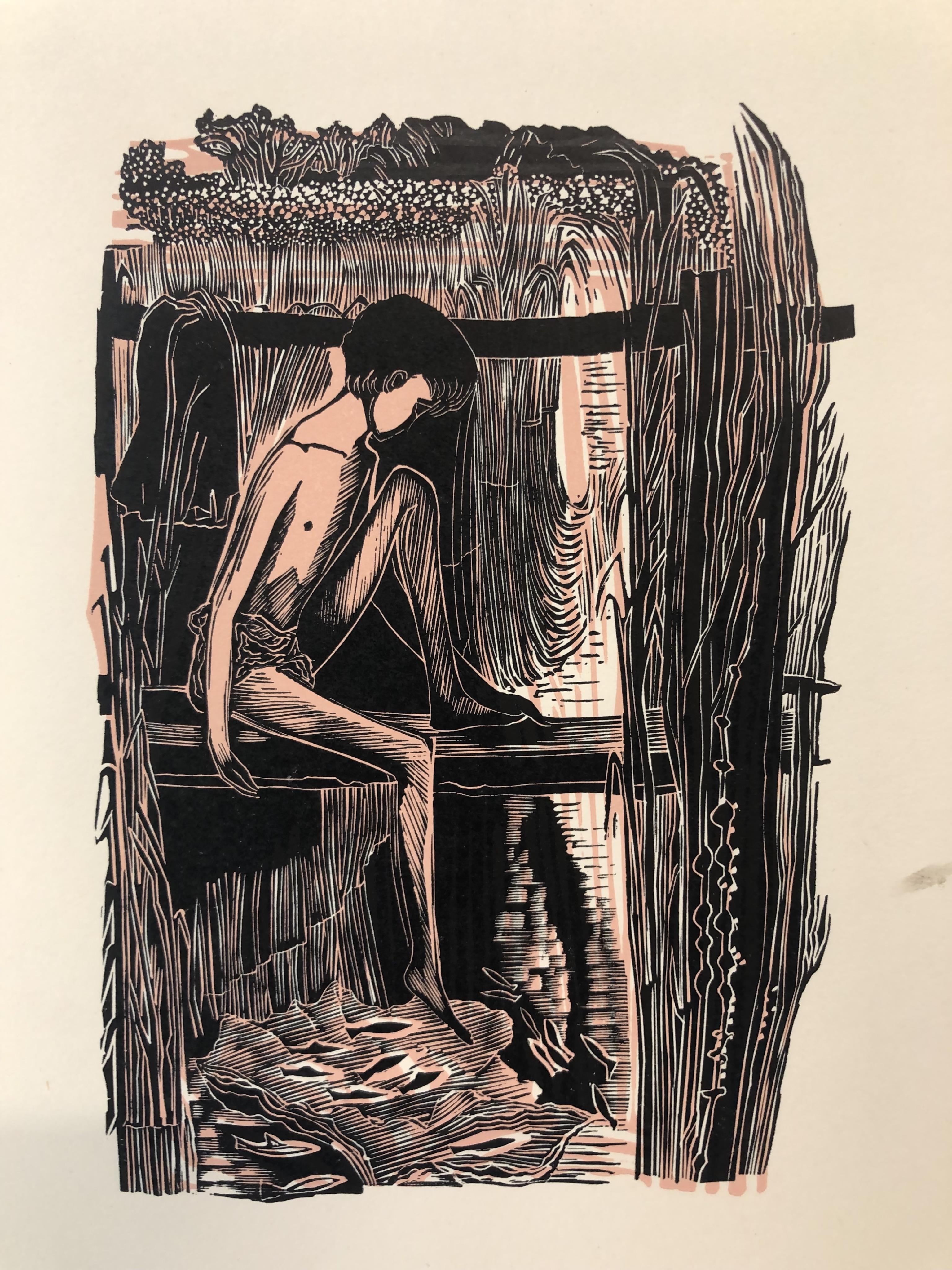 John O’Connor (1913- 2004), four colour lithographs after woodcuts, including study of a nude boy and Cathedral, 1959, unframed, 25 x 18cm. Condition - good